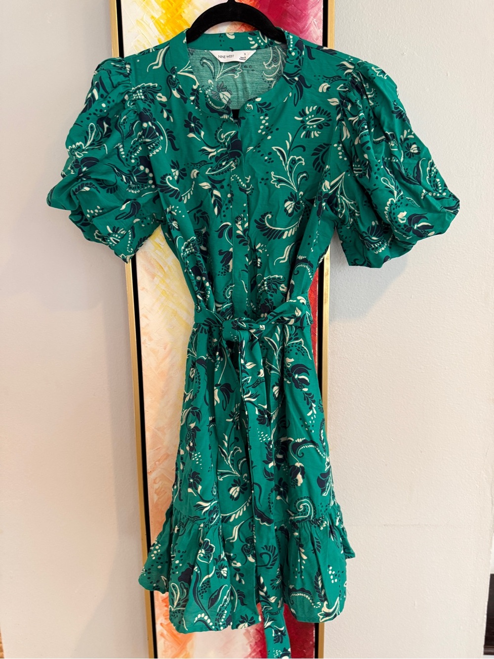 Nine West Emerald Green Paisley Midi Dress with Puff Sleeves